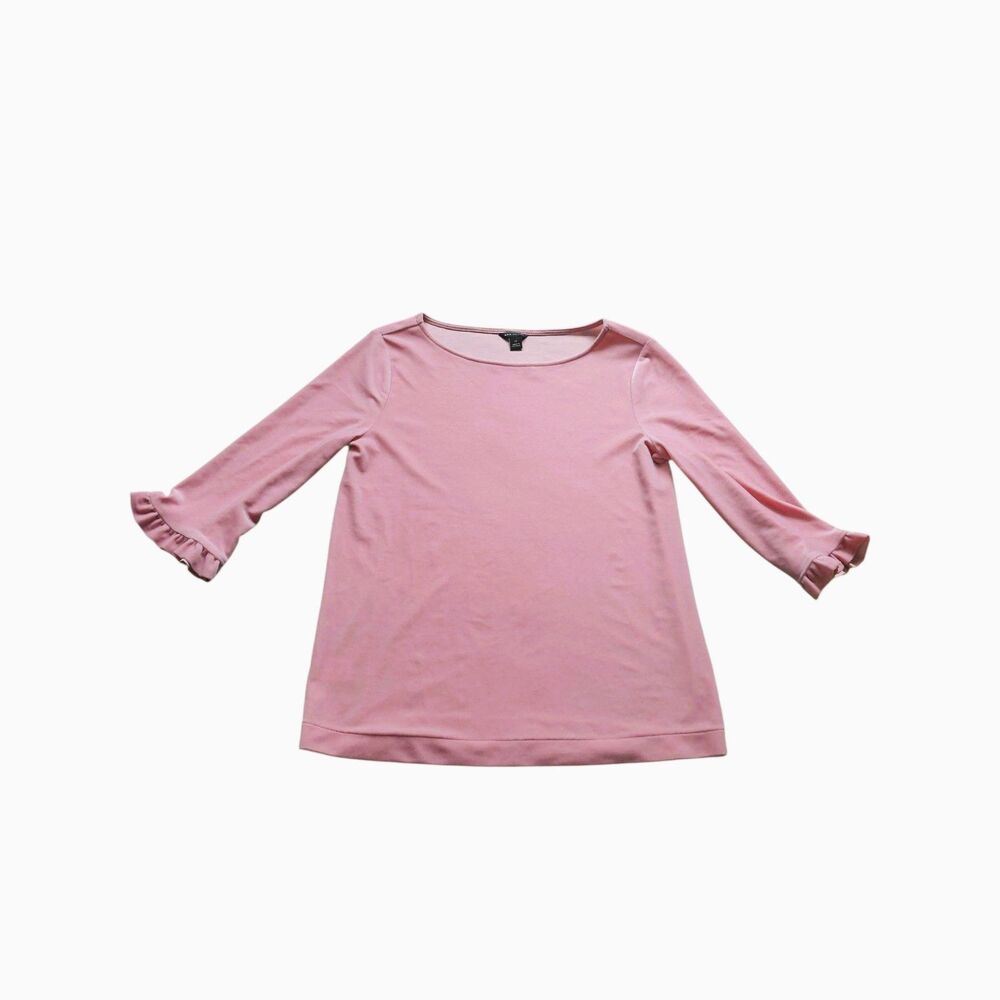 Ann Taylor Pink Velour Blouse XS 3/4 Ruffle Sleeve Boat Neck Romantic EUC